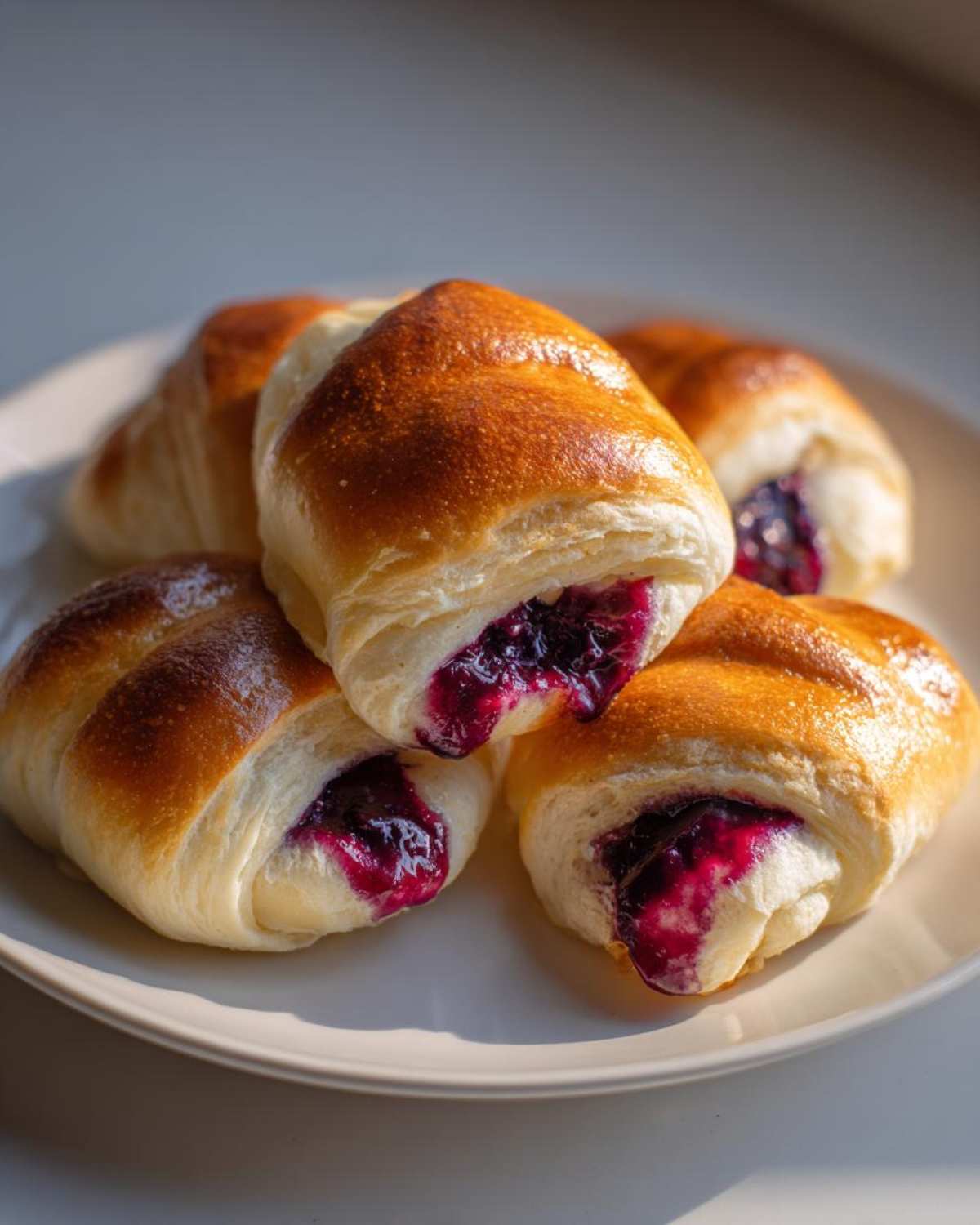 Four golden-brown, freshly baked Blueberry Pie Bombs piled on a white plate, showing rich purple blueberry filling spilling out.