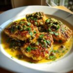 Four pan-seared pieces of chicken piccata topped generously with capers and fresh parsley in a bright lemon butter sauce.