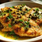 Close-up of golden pan-seared chicken piccata fillets covered in a bright lemon butter sauce, capers, and fresh parsley.
