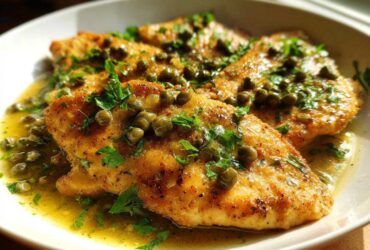Close-up of golden pan-seared chicken piccata fillets covered in a bright lemon butter sauce, capers, and fresh parsley.
