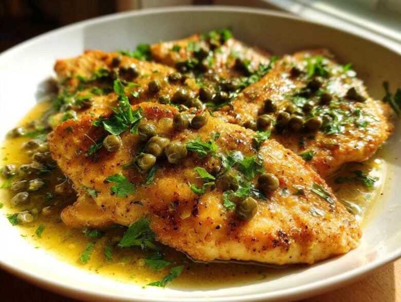 Close-up of golden pan-seared chicken piccata fillets covered in a bright lemon butter sauce, capers, and fresh parsley.