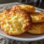 A stack of golden brown, airy cloud bread rounds piled high on a white plate.