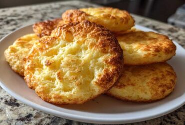 A stack of golden brown, airy cloud bread rounds piled high on a white plate.