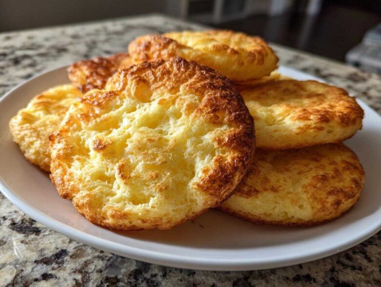 A stack of golden brown, airy cloud bread rounds piled high on a white plate.