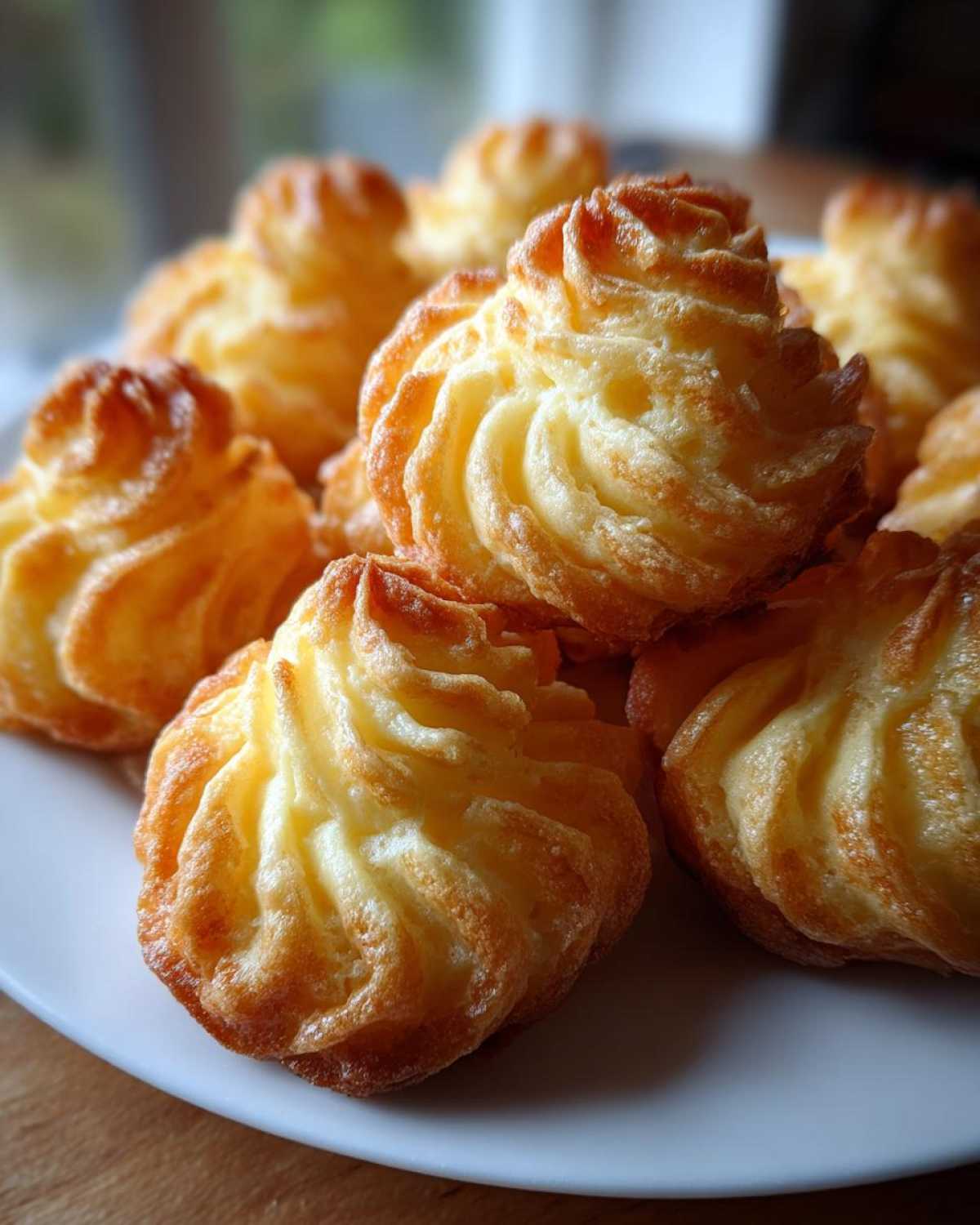 Close-up of perfectly piped and golden brown Duchess potatoes arranged on a white plate.