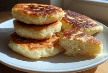 A stack of golden brown, pan-fried irish potato farls on a white plate, with one cut open showing the fluffy interior.