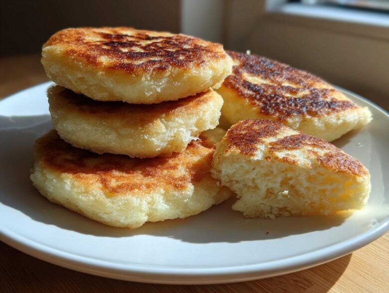 A stack of golden brown, pan-fried irish potato farls on a white plate, with one cut open showing the fluffy interior.