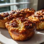 A close-up shot of several golden brown pecan tassies with a shiny, caramelized topping, sitting on a white plate.
