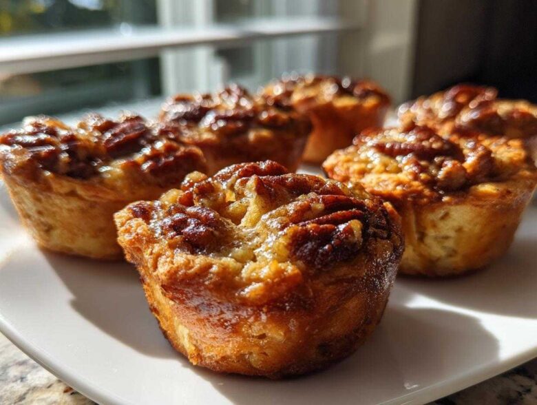 A close-up shot of several golden brown pecan tassies with a shiny, caramelized topping, sitting on a white plate.