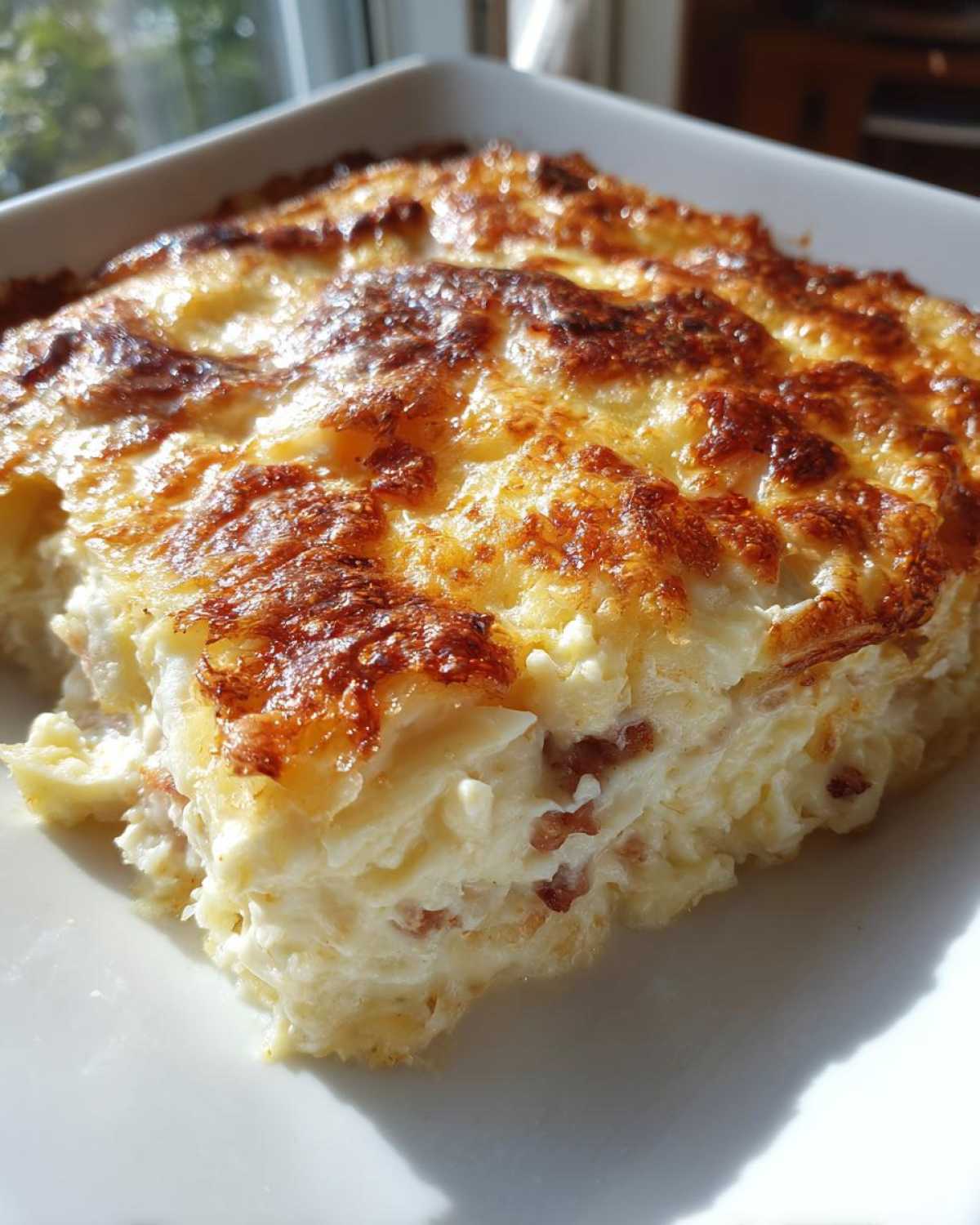 Close-up of a creamy, baked slice of pierogi casserole with a deeply browned, cheesy top crust.