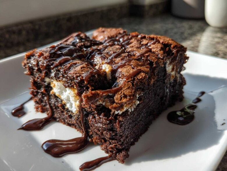 A rich, fudgy square of hot chocolate brownies featuring melted marshmallow filling and a dark chocolate syrup drizzle.
