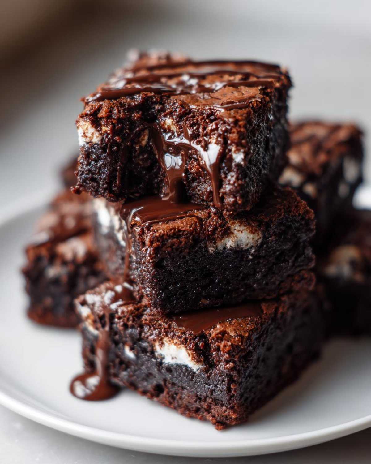 A stack of rich, fudgy hot chocolate brownies topped with melted chocolate drizzle and visible marshmallows.