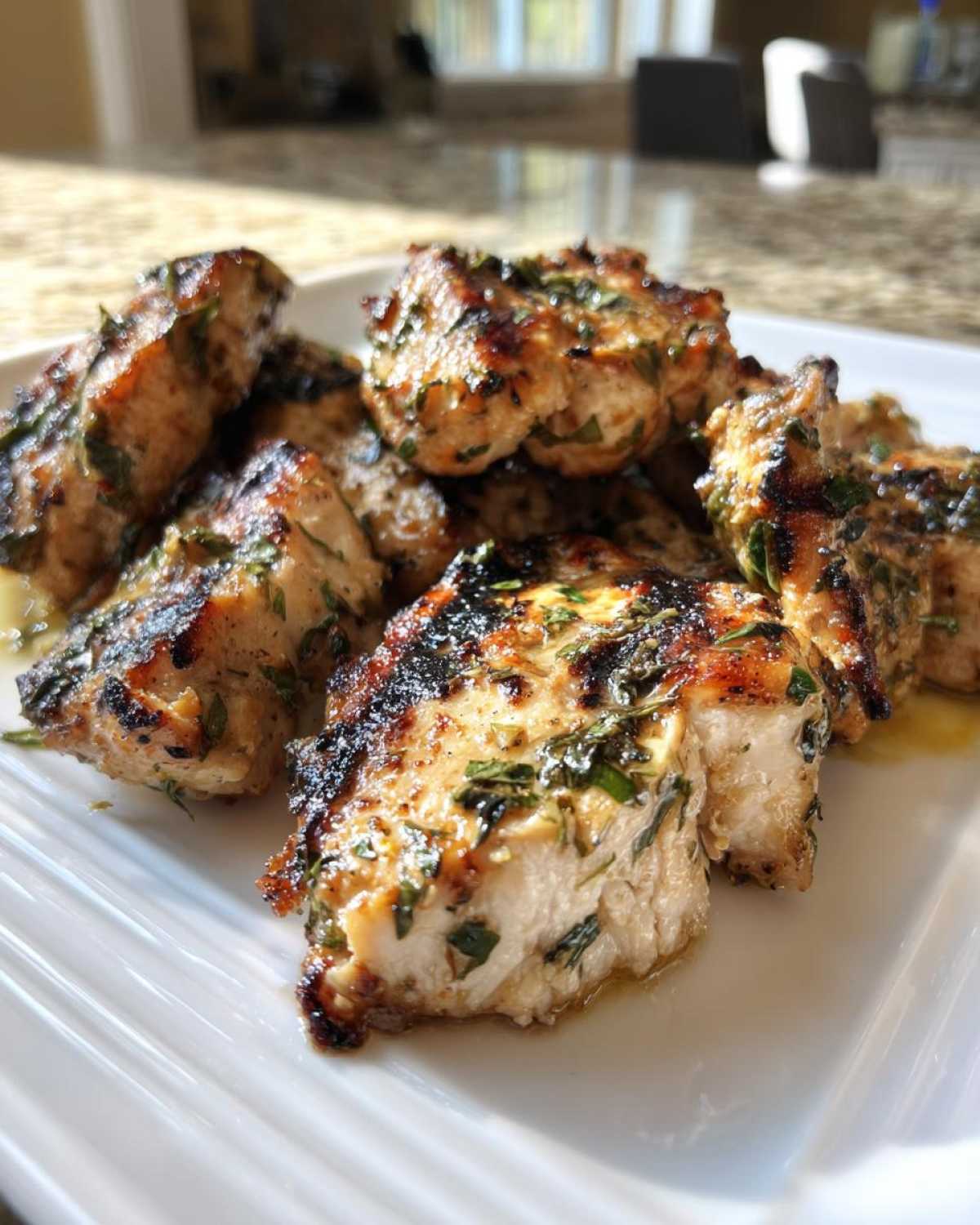 Close-up of grilled, juicy chicken pieces coated in a vibrant herb chicken marinade, served on a white plate.
