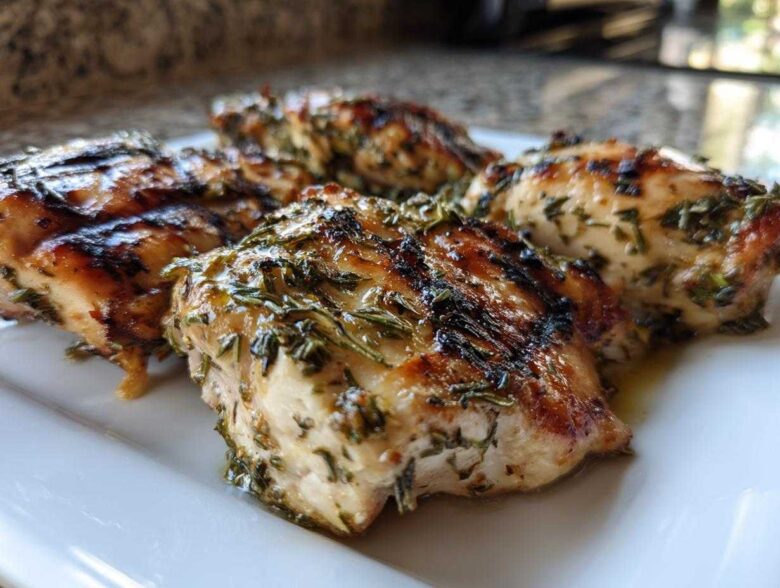 Four pieces of grilled chicken, glistening with herbs from the chicken marinade, resting on a white serving plate.