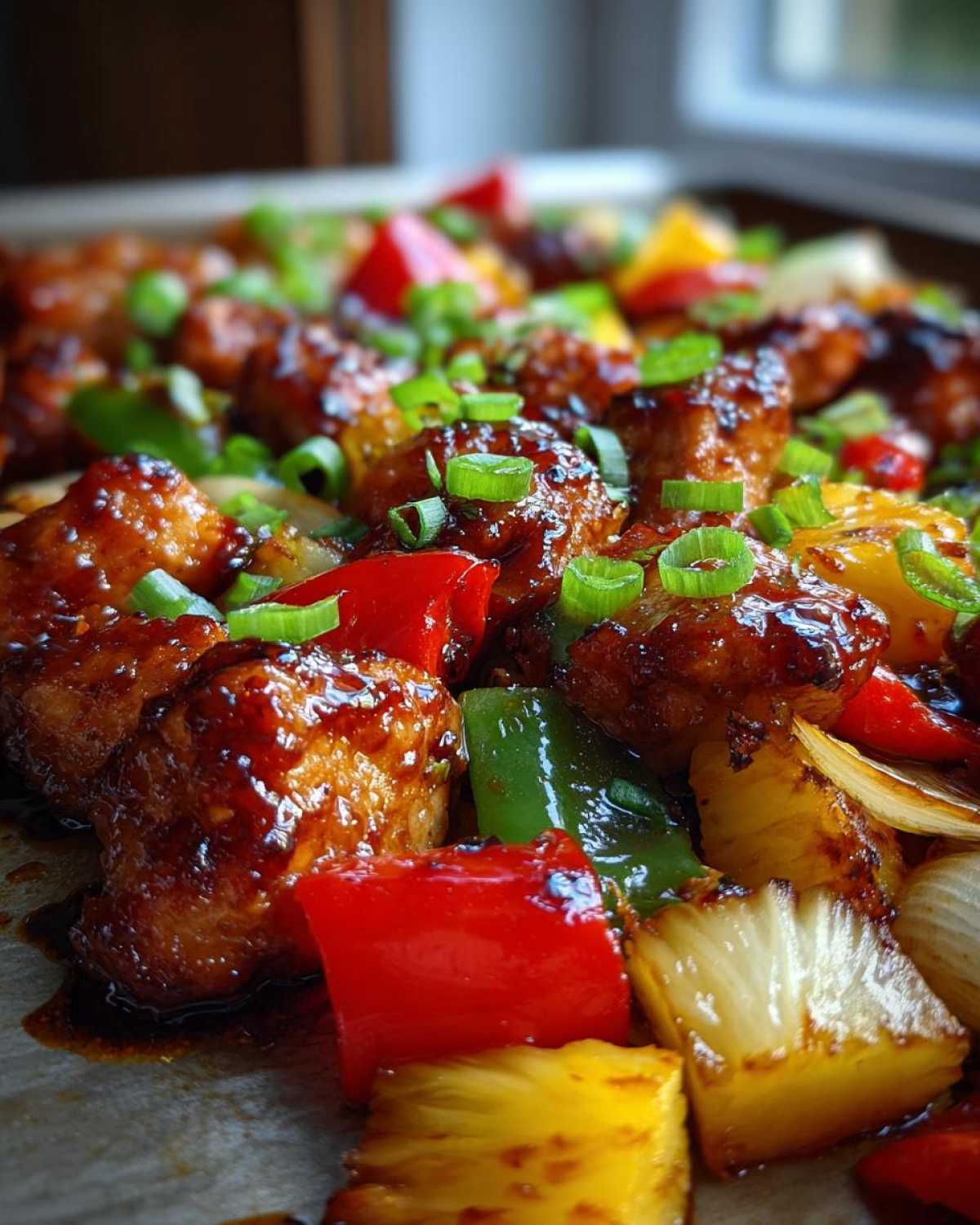 Close-up of glazed chicken pieces mixed with pineapple, red and green peppers in a hawaiian chicken sheet pan.