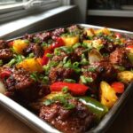 Close-up of glazed, saucy hawaiian chicken sheet pan with pineapple and bell peppers, topped with green onions.