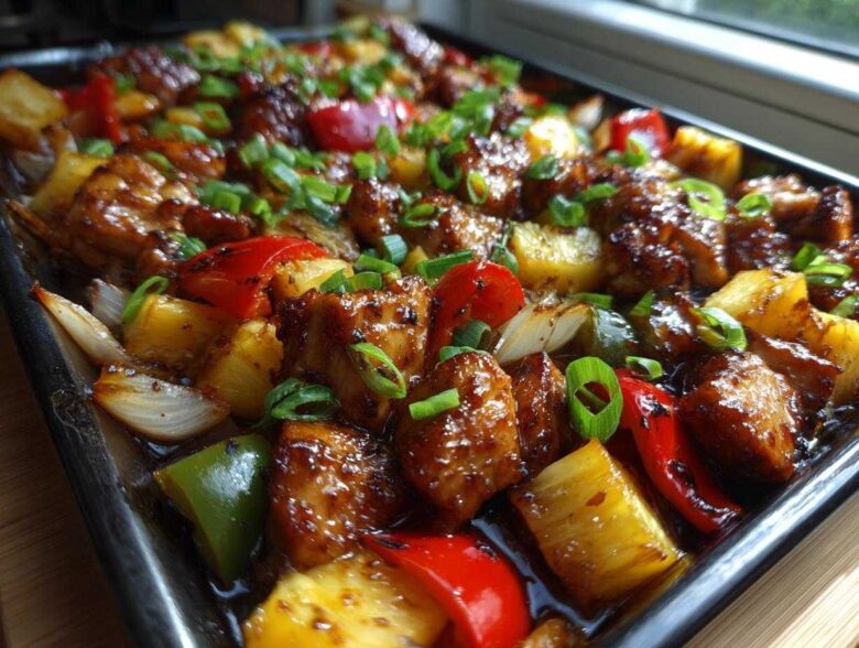 Close-up of glistening, glazed Hawaiian chicken sheet pan with pineapple, peppers, and green onions.
