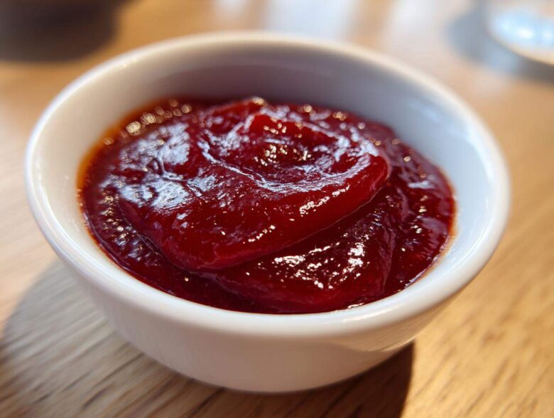 Close-up of rich, dark red homemade bbq sauce served in a small white dipping bowl.