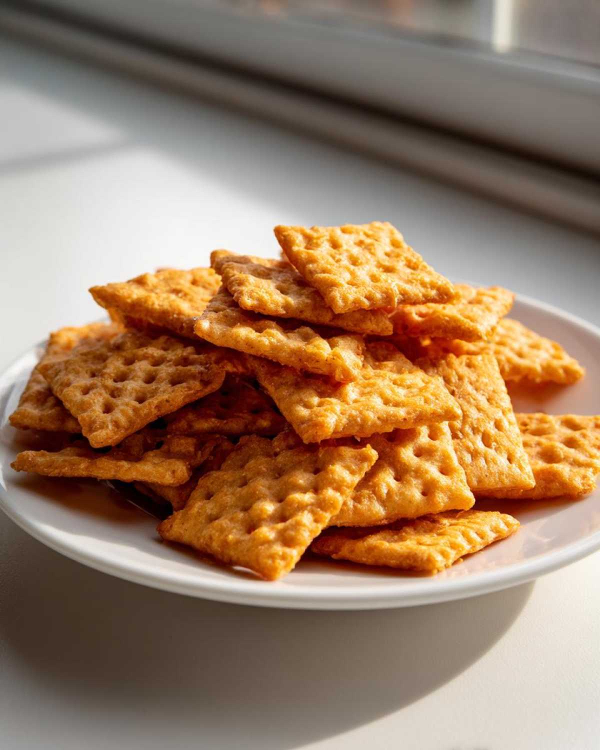 A close-up of a white plate piled high with golden, square homemade cheese crackers, lit by natural window light.