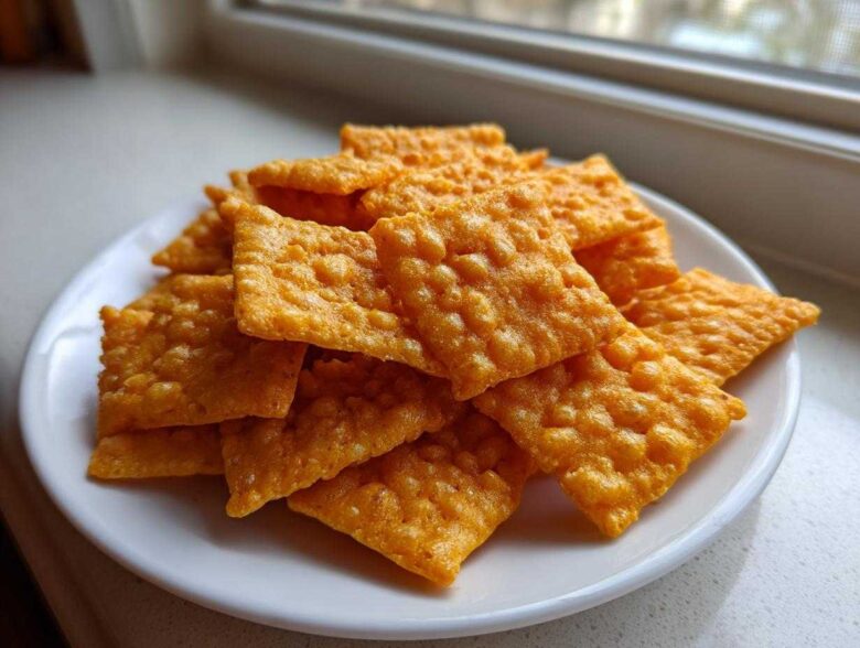 A pile of bright orange, square, textured homemade cheese crackers stacked on a small white plate near a window.