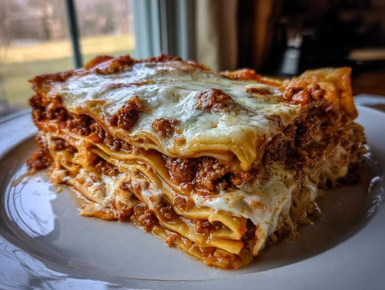A thick, layered slice of homemade lasagna featuring rich meat sauce and melted mozzarella cheese on a white plate.