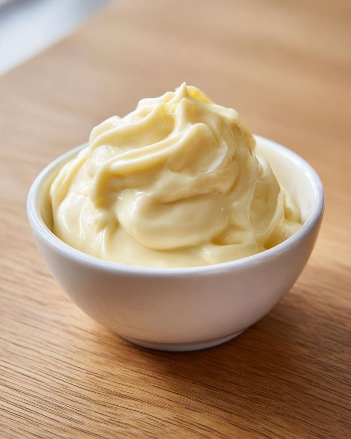Close-up of freshly made homemade mayonnaise, thick and creamy, served in a small white bowl on a wooden surface.