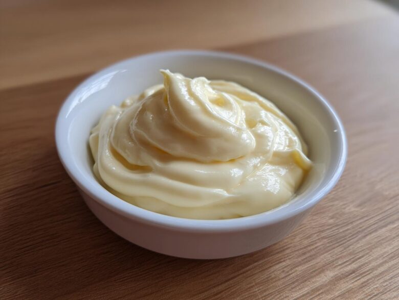 A close-up of freshly made, creamy homemade mayonnaise swirled beautifully in a small white ramekin.
