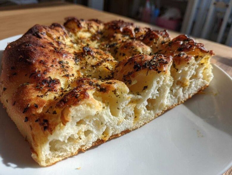 Close-up of a thick, airy slice of homemade pizza dough, baked golden brown and topped with dried herbs.