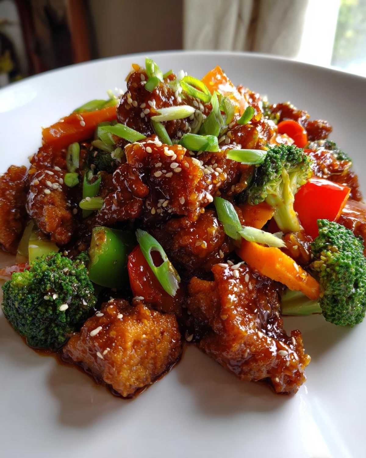 Close-up of crispy chicken pieces coated in glossy sauce in a honey garlic chicken stir fry, topped with sesame seeds and green onions.