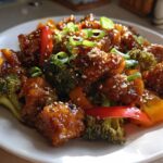 Close-up of glossy honey garlic chicken stir fry with broccoli florets, peppers, and sesame seeds.