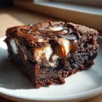 A close-up of a rich, fudgy hot chocolate brownie square topped with melted marshmallows and chocolate drizzle.