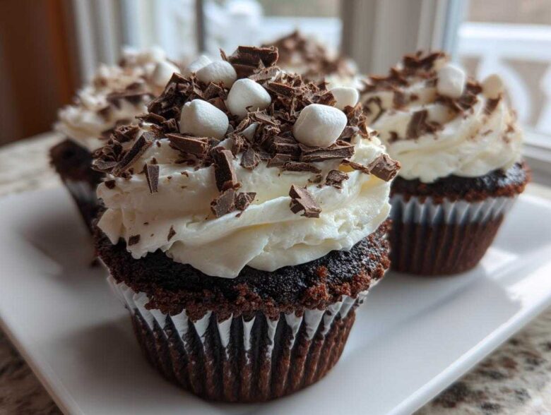 Close-up of rich chocolate hot chocolate cupcakes topped with white frosting, chocolate shavings, and mini marshmallows.