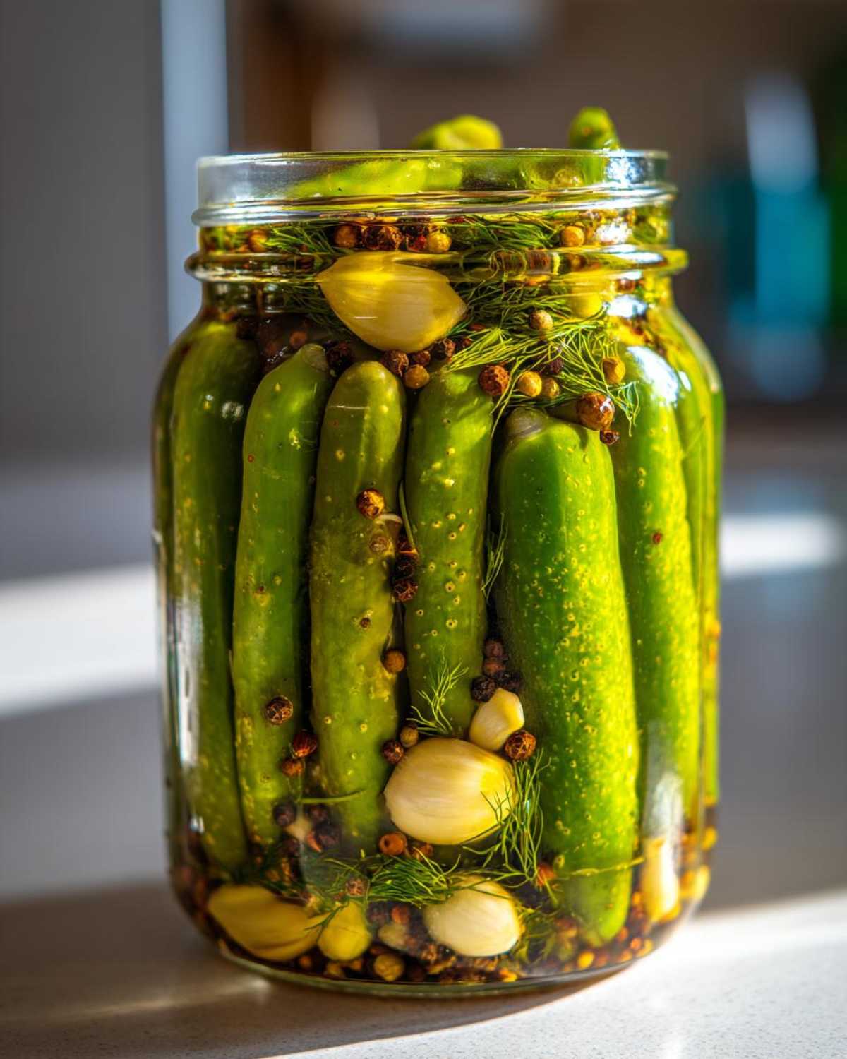 Close-up of a glass jar packed tightly with fresh cucumbers, garlic cloves, dill, and peppercorns for making dilly beans.