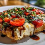 Close-up of a piece of caprese chicken topped with melted mozzarella, halved cherry tomatoes, fresh basil, and balsamic glaze.