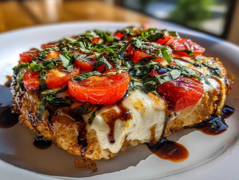 Close-up of a piece of caprese chicken topped with melted mozzarella, halved cherry tomatoes, fresh basil, and balsamic glaze.