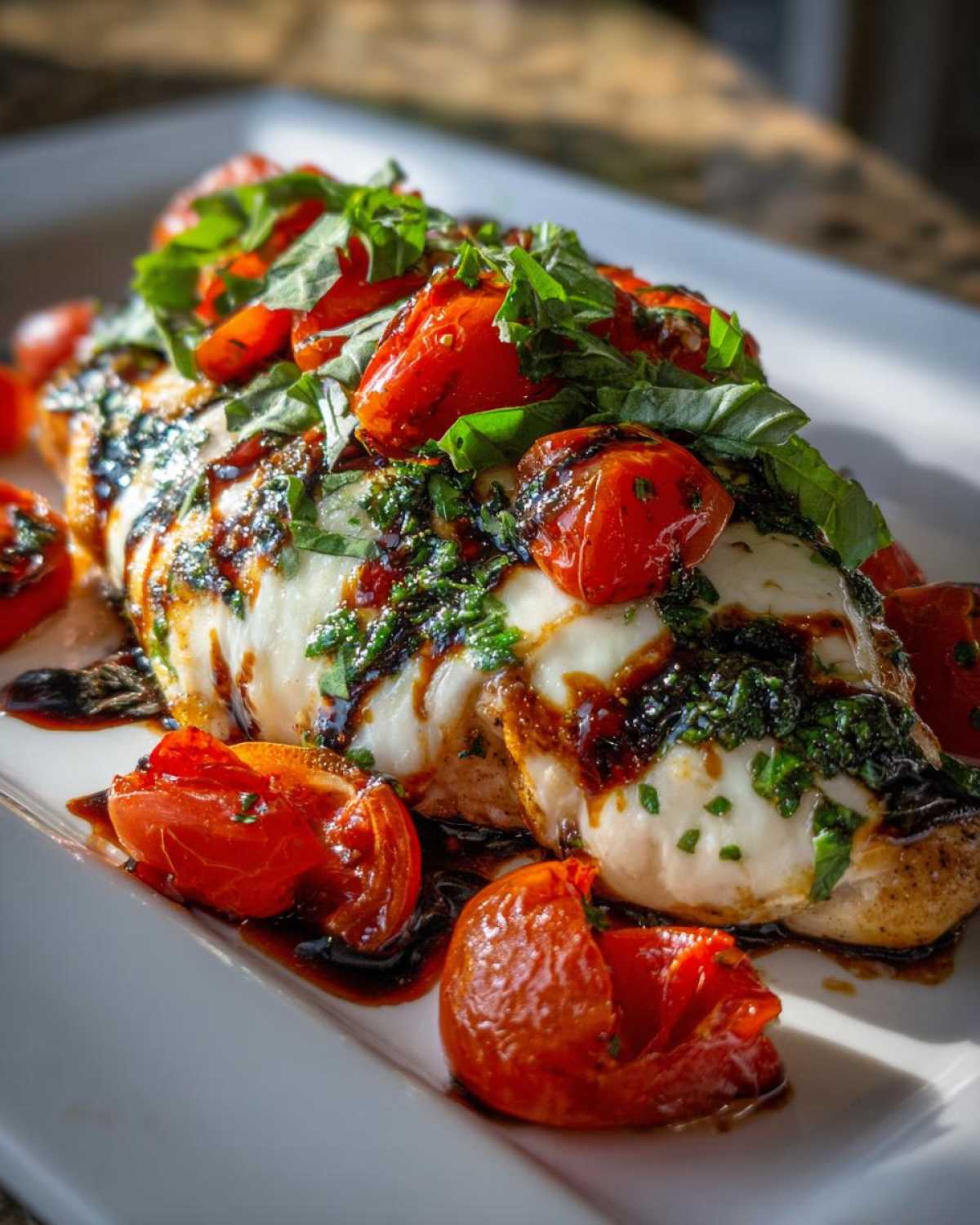 Close-up of juicy caprese chicken topped with melted mozzarella, roasted tomatoes, and fresh basil.