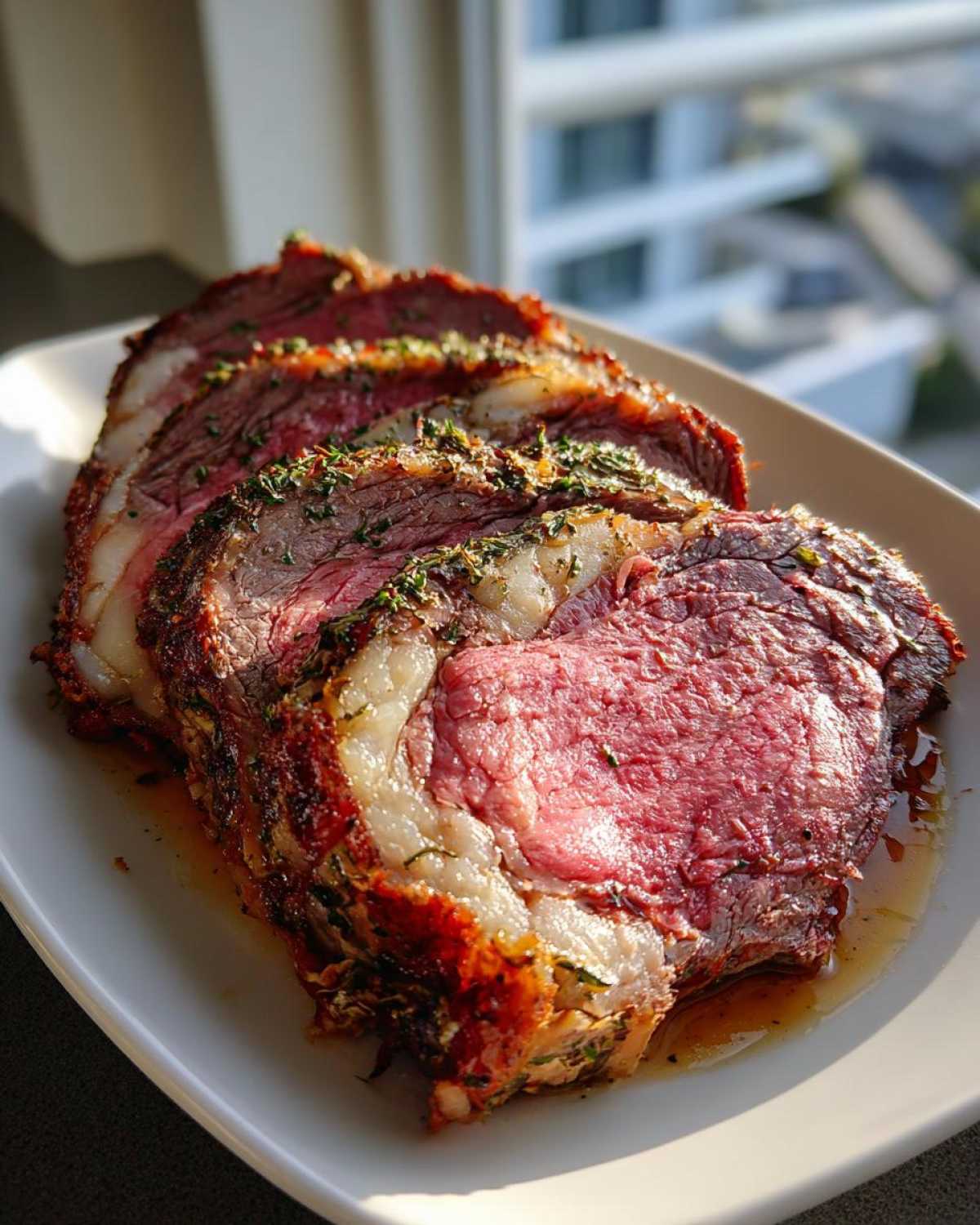Three thick, juicy slices of perfectly cooked prime rib roast, showing a beautiful pink center and herb crust.
