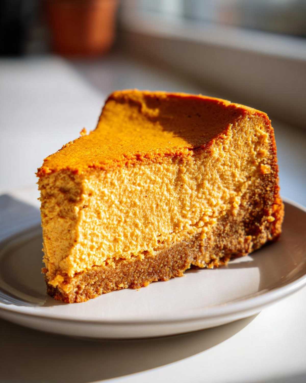 A thick slice of vibrant orange keto pumpkin cheesecake with a dark crust on a white plate.