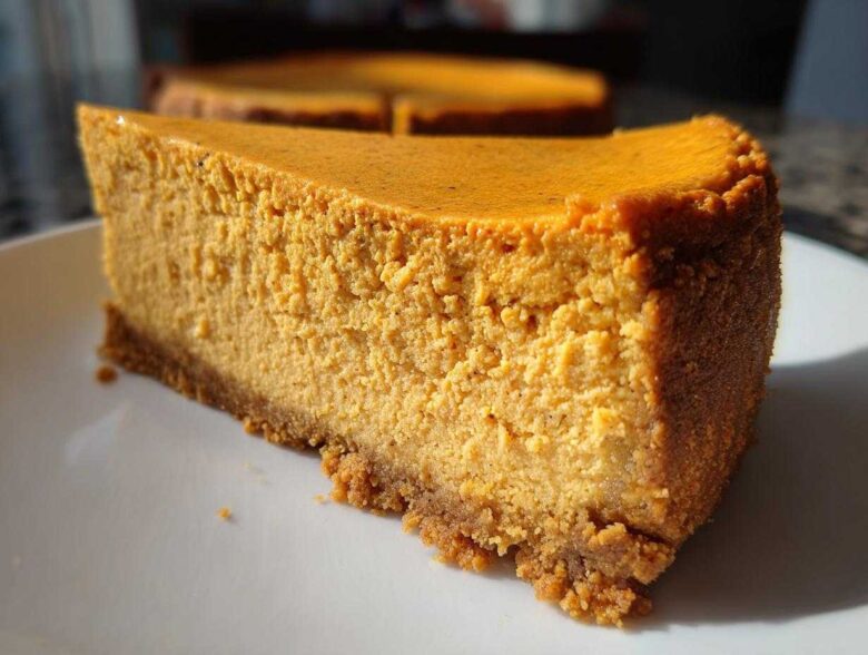 A thick slice of creamy keto pumpkin cheesecake with a graham-style crust, sitting on a white plate.
