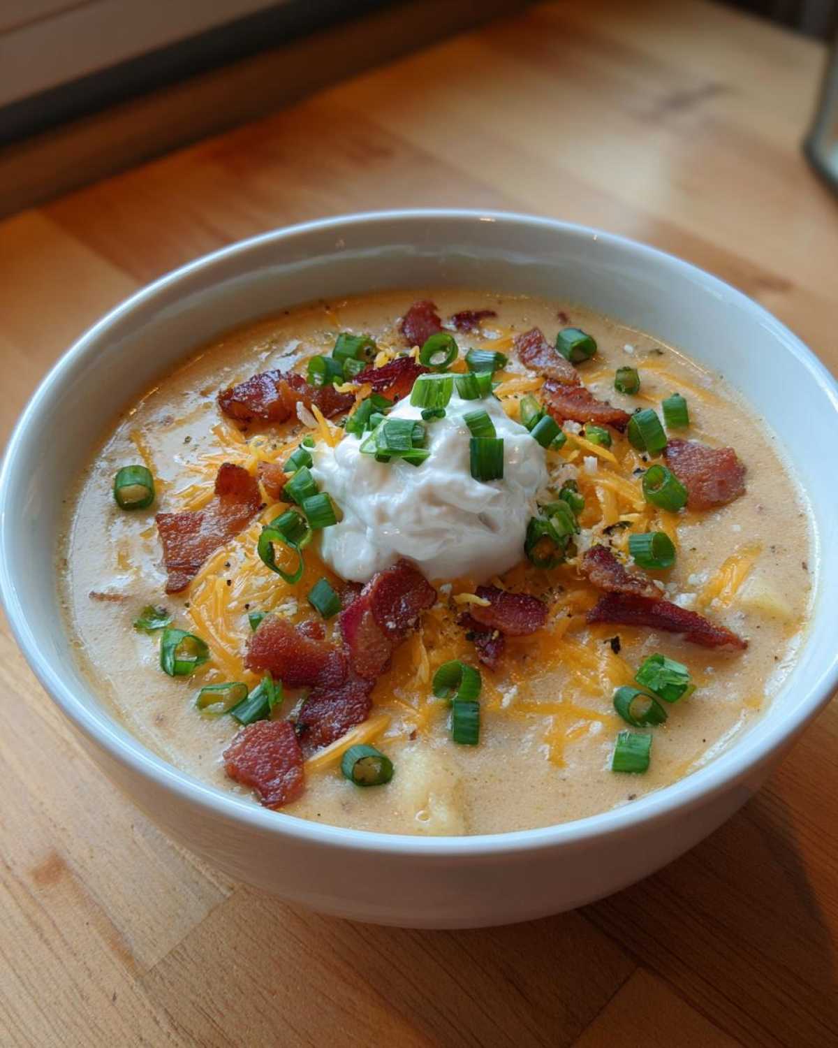 A creamy bowl of loaded baked potato soup topped generously with sour cream, cheddar cheese, bacon bits, and green onions.