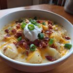 A hearty bowl of loaded baked potato soup topped with cheddar cheese, bacon bits, sour cream, and green onions.