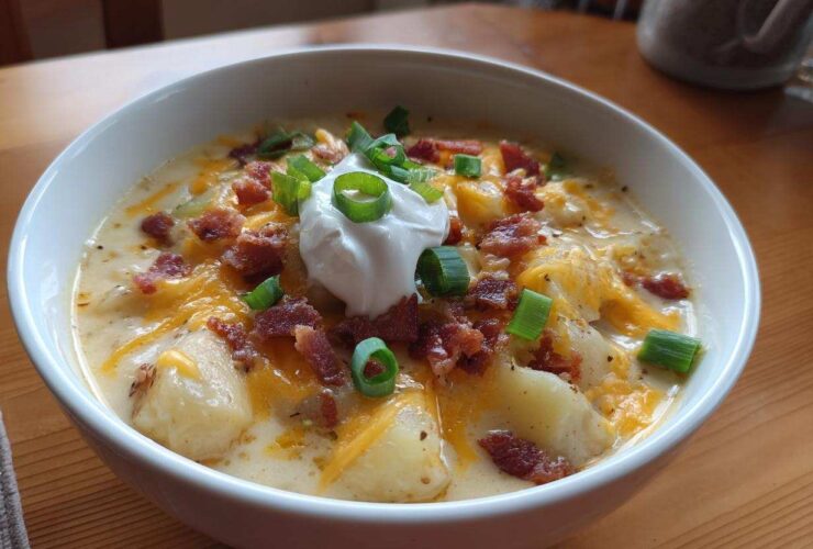A hearty bowl of loaded baked potato soup topped with cheddar cheese, bacon bits, sour cream, and green onions.