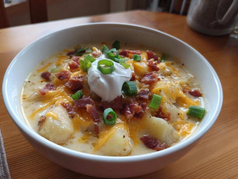 A hearty bowl of loaded baked potato soup topped with cheddar cheese, bacon bits, sour cream, and green onions.