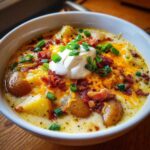 A close-up of a creamy bowl of loaded baked potato soup topped with sour cream, cheddar cheese, bacon bits, and green onions.