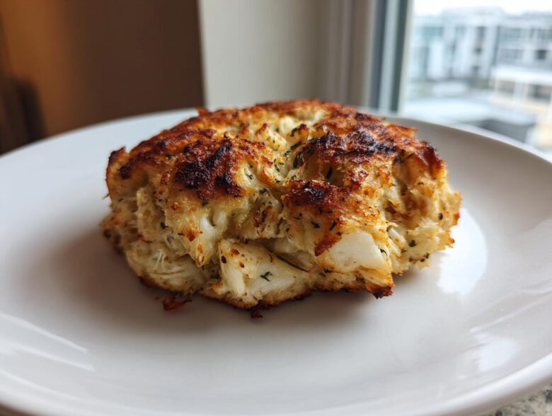 A single, golden-brown Maryland crab cake with visible lumps of crab meat, sitting on a white plate.