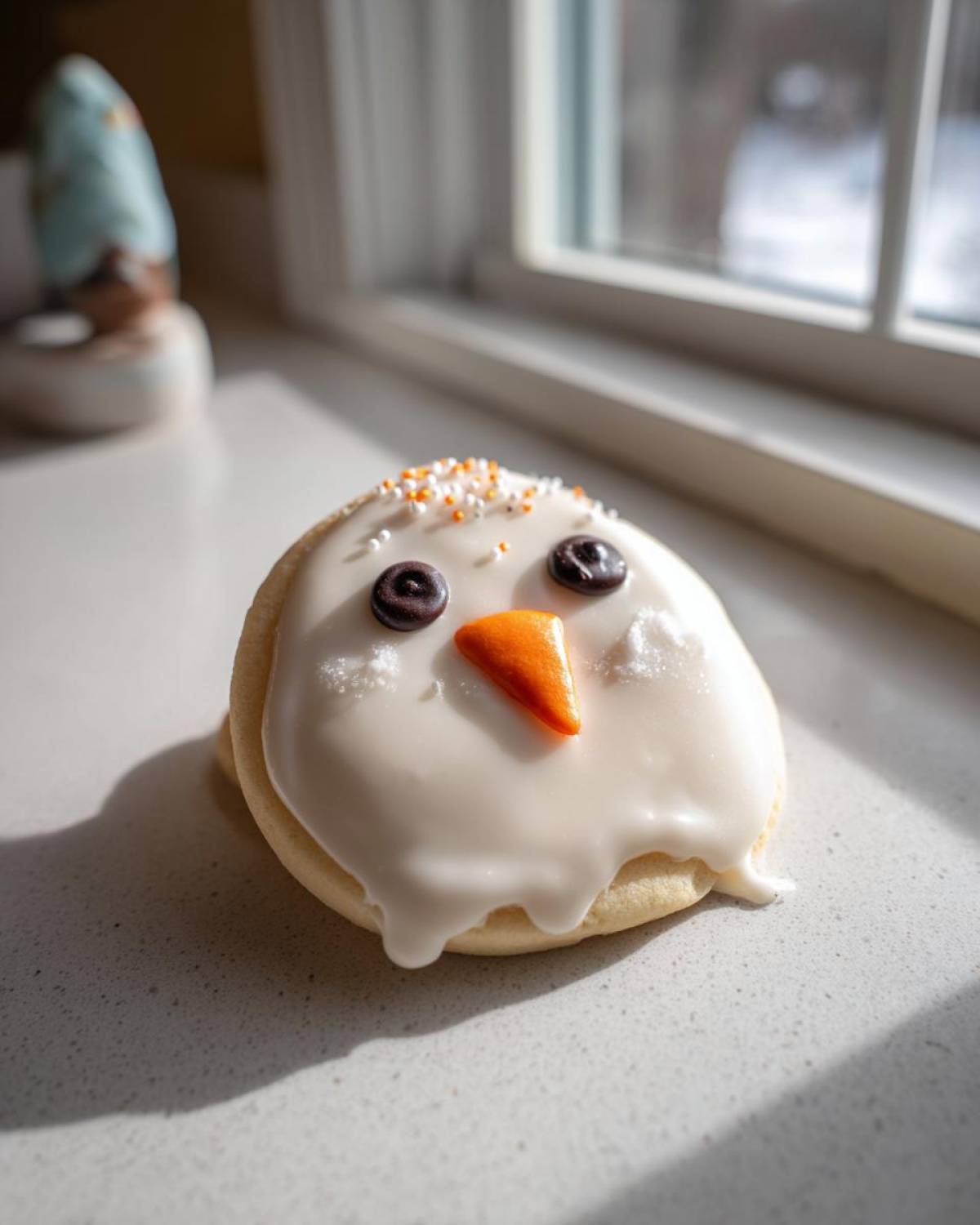 A single, round melted snowman cookies decorated with white icing, chocolate chip eyes, and an orange candy nose.