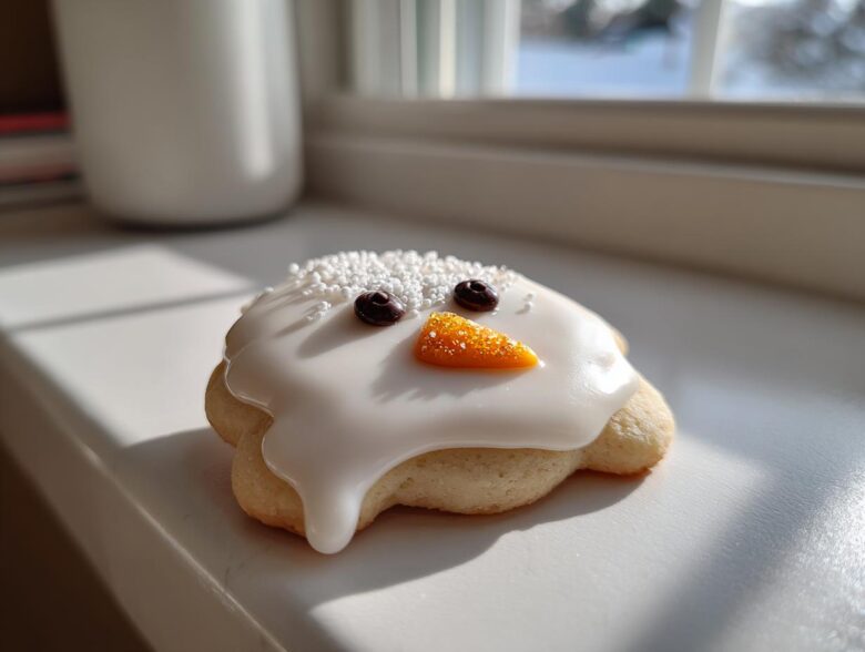 A single melted snowman cookie featuring white icing drip, chocolate chip eyes, and a sugar sprinkle carrot nose.