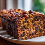 Close-up of a thick slice of moist fruit cake, packed with dark dried fruits and nuts, served on a white plate.