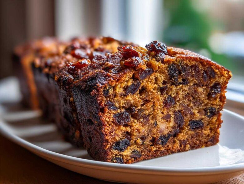 Close-up of a thick slice of moist fruit cake, packed with dark dried fruits and nuts, served on a white plate.