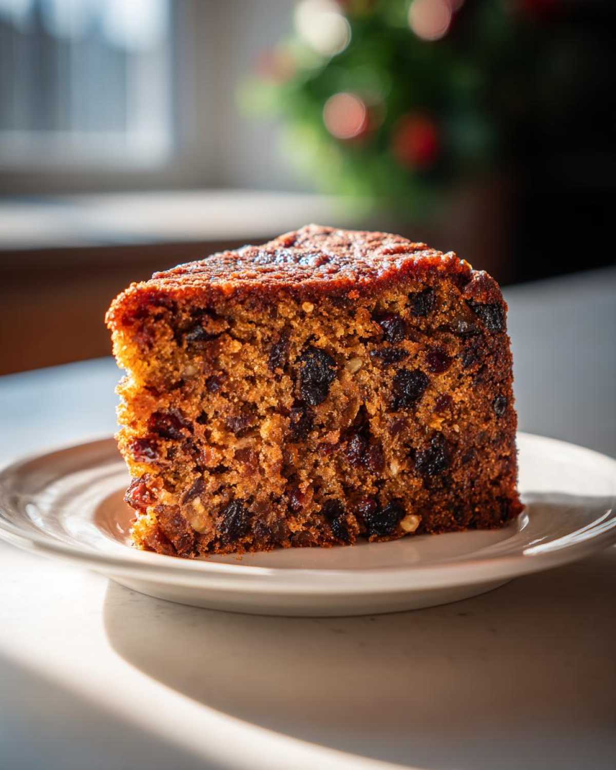 A close-up, sunlit slice of rich, dark fruit cake packed with dried fruits and nuts on a white plate.